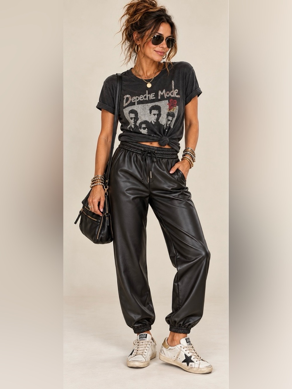stradivarius Black Faux Leather Drawstring Joggers